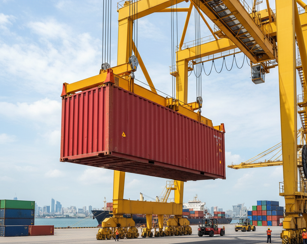 Bir konteyneri kaldıran yük vinci